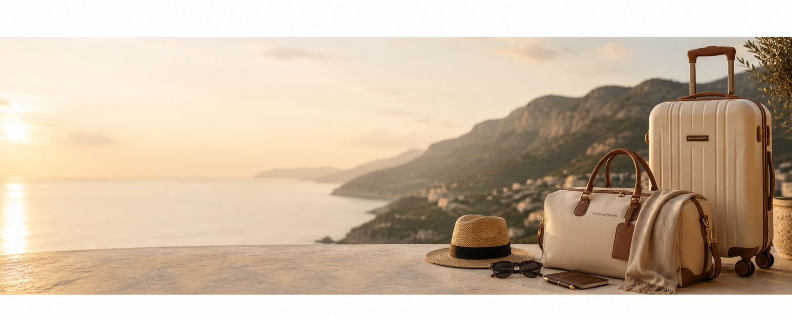 Travel essentials with a carry-on suitcase overlooking the horizon