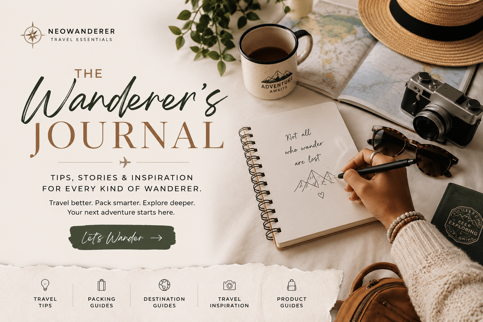 Woman writing in a travel journal at a desk